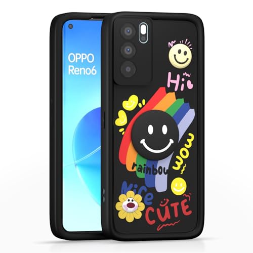 Image of Pikkme Back Cover for Oppo Reno 6 Pro 5G | Soft Silicone| Cute Rainbow Smile & 3D Cartoon Flower Design | Shockproof Raised Camera Protection Bumper Case (Black)
