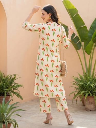 Image of INDO ERA Women Cotton White Printed Straight Kurta Pant Set