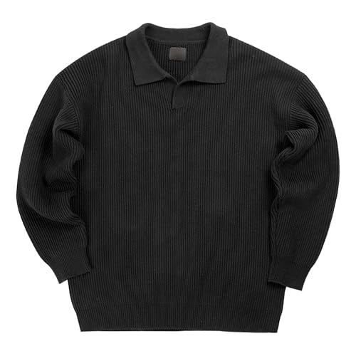 Polo en tricot homme manches longues noir col en V style décontracté chic