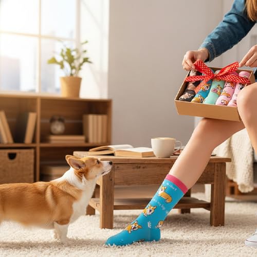 Belloxis Corgi Socks for Women Teen Girls, Cotton Novelty Dog Lover Gifts, 5 Pairs Cute Multi-Cogi Pattern Funny Animal Crew Socks, Birthday Presents Stocking Stuffers for Corgi Mom Girl Gifts