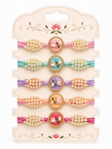 Image of Premium Designer Pastel Resin Pearl Floral Rakhi For Brother | Elegant Flower Rakhi Set Of 1 /2 /3 /4 /5 /6 Raksha Bandhan Gift Bhai Combo For Bhaiya Bhabhi & Sister Bracelet Brother Bhai Sister In Law Kids | Traditional & Festive Wrist Band