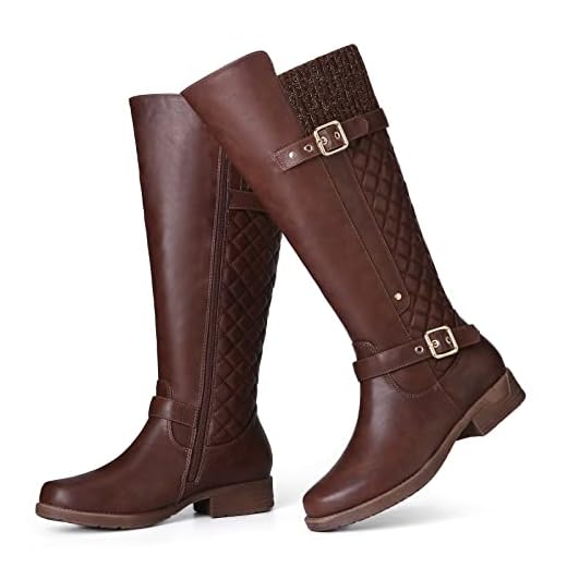 Gracosy Bottes de Neige Femmes, Chaussures de Ville Fourrées Hiver en Cuir Souple Bottines Hautes à Talons Plats avec Boucle Boots Cavalière Confortable Larges Mollets Marron 42