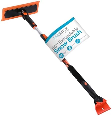 BIRDROCK HOME 55" Extendable Snow Brush with 14" Foam Head & Detachable Scraper | Aluminum Grip for Car, Truck, SUV | Safe on Auto Windshield & Windows | Wide Frost Remover for Semi & Small Vehicles
