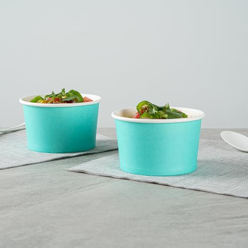 Image of Restaurantware Coppetta 5 Ounce Dessert Cups, 50 Disposable Ice Cream Cups - Lids Sold Separately, Sturdy, Turquoise Paper FroYo Bowls, Striped, For Hot And Cold Foods, Perfect For Gelato (Pack of 2)