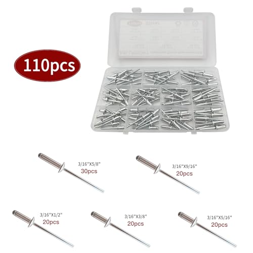 Image of 110Pcs Silver 3 /16 Inches Pop Rivets Assortment Kit,5 Sizes Aluminum Rivets,Aluminum blind pro Rivets for DIY /Metal /Furniture /Instruments