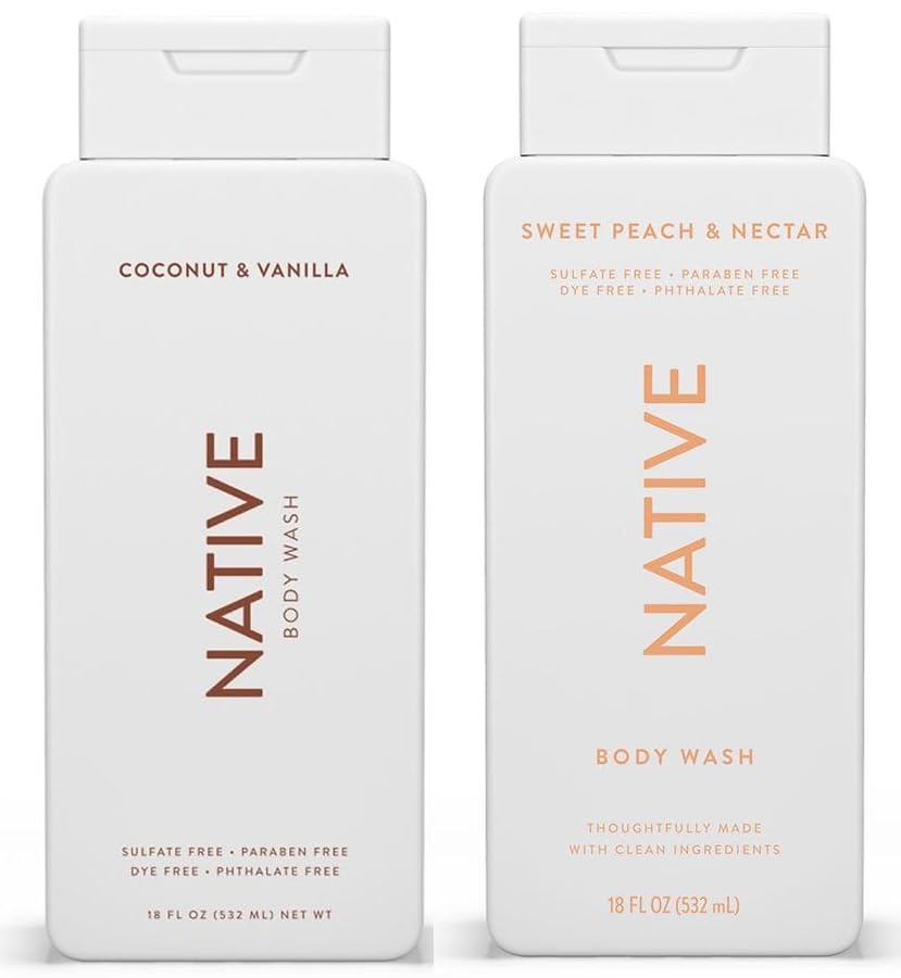Energizing Essentials 1852 Bundle | Native Body Wash 2-Pack: Coconut & Vanilla + Sweet Peach & Nectar (18 fl oz each)