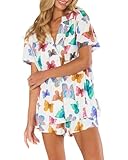 TUWIXIUW Women Cute Print Pajamas Shorts Set Short Sleeve Sleepwear 2 Piece Pj Sets Summer Button Shirts Lounge Shorts Outfit(20-Butterfly,Large)