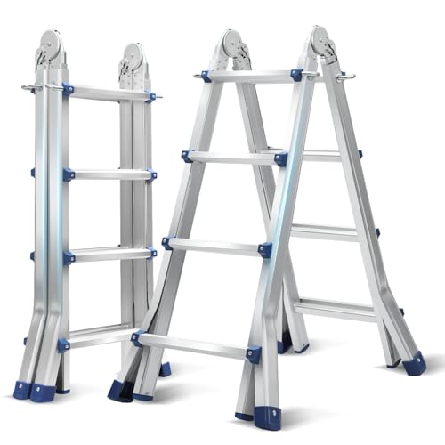 Jiubiaz Escalera telescópica de aluminio, 4,02 m, peldaños 4 x 4, multiusos, extensible y articulado, escalera plegable, escalera de caballete, escalera multiusos de hasta 150 kg