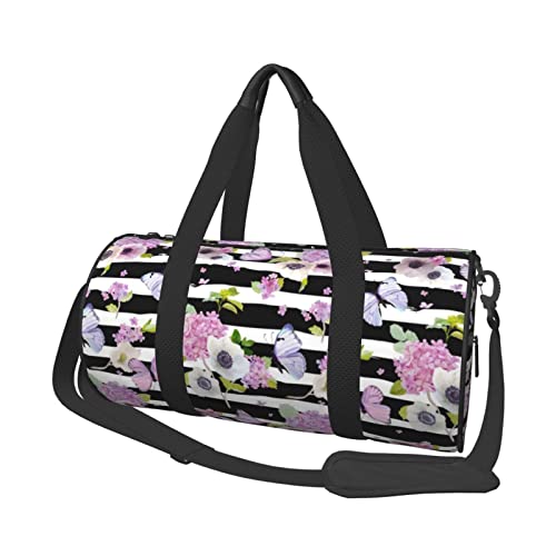 Sac de voyage imprimé fleur papillon noir multi-poches pour sport et camping