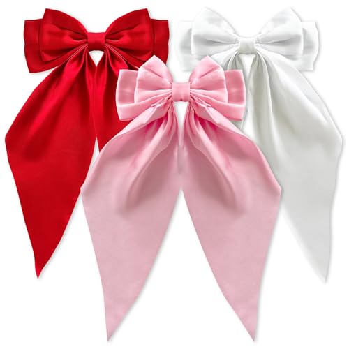Silky Satin Hair Bows, Oversized Long Tail Bows with Barrette Clips, Coquette Hair Accessories for Women and Girls (Red - Light Pink - White)