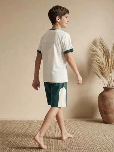 Image of Li'l Tomatoes Boys 100% Cotton Night Suit Set | Half Sleeve T-Shirt & Shorts | Color Block & Typography Print | Soft & Breathable Sleepwear | Casual Summer Wear | 9-16 Years
