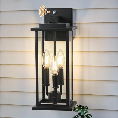 ZHMDJDSH Dusk to Dawn Outdoor Wall Lantern Candelabra 3-Light, 15" Exterior Wall Light Fixture with E12 Base Outside Lights for House Porch Garage, Black 1 Pack