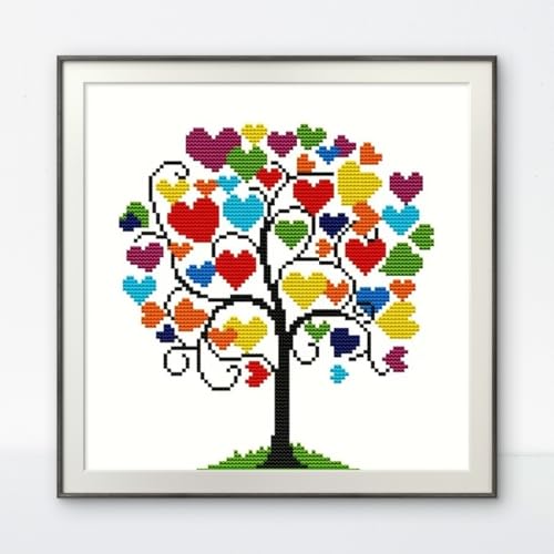 HKLIOPU Cross Stitch Kits for Adults-Love Tree,11CT Printed Cross Stitch Kits,Stamped Embroidery Kits for Wall Art Home Decoration 12x12inch