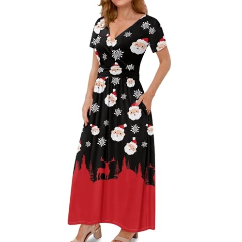 Image of Women's Fall Summer Short Sleeve Ankle Length V-Neck Party Dress with Pockets Size S-3XL