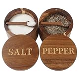 Timtopno Salt Cellar, Elegant Salt and Pepper Set, 2PCS Acacia Wood Salt Container with Built-in Spoon & Swivel Lid, Engraved SALT & PEPPER Box, Salt Holder for Countertop Seasoning Storage