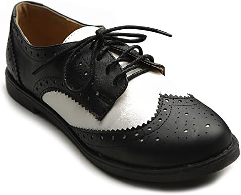 Ollio Women's Flat Shoe Wingtip Lace Up Two Tone Oxford M2913(7 B(M) US, Black)