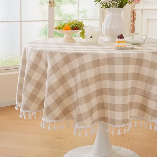 Laolitou Beige Spring Checkered Round Tablecloth Washable Buffalo Plaid Table