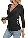 EasyGala Deep V Neck Tops Ruched 3/4 Length Sleeve Shirts Sexy Slim Fit Button Side Blouse for Women Black XX-Large