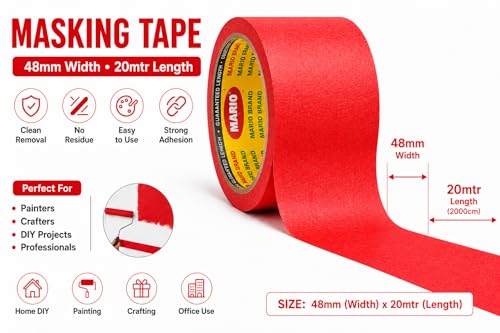 Image of Mario Red Masking Tape - 20 Meter Length, 48mm Width - Painter's Masking Tape for Surface Protection, DIY & Painting - Easy Tear, Clean Removal - Pack of 2 Rolls