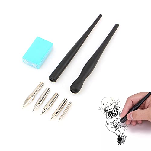 Plumillas Caligrafia,Plumillas Dibujo Manga,Plumillas,Manga Pen,Bolígrafos para Caligrafía,Juego de Bolígrafos de Caligrafía con 2 portaplumas y 5 plumillas y 1 borrador,para Principiantes de Cómics