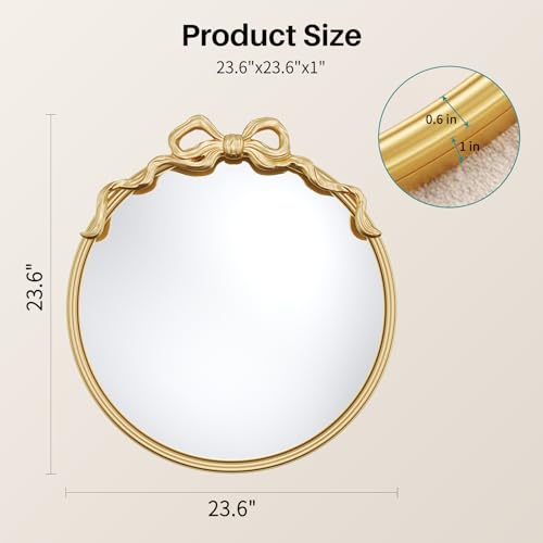 Image of Round Gold Bow Mirror, 24 inchx24 inch Vintage Mirrors with Metal Frame