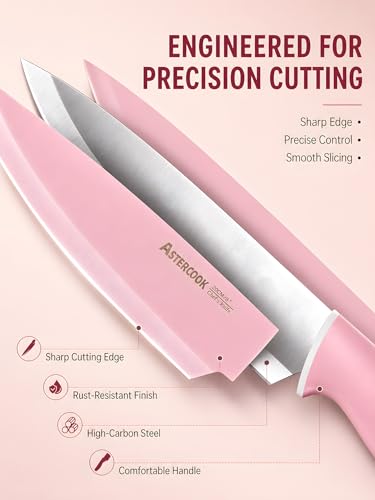 Image of Astercook Knife Set with Clear Block and Sharpener 22Pcs Pink | Dishwasher Safe, Space-Saving Clear Knife Block, for Everyday Home Cooking