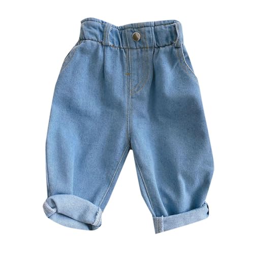 Little Girl Barrel Jeans Solid Casual Button Front Elastic Waist Long Jeans Straight Ankle Clothes for Girls 10-12