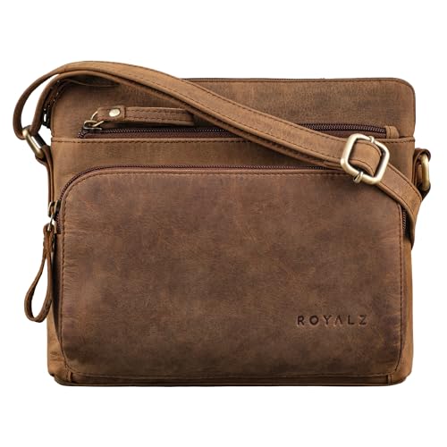 ROYALZ Vintage Leder Handtasche Damen Echtleder 'North Carolina' stilvolle Ledertasche zum Umhängen Schultertasche mit Platz für Smartphone 9.7 Zoll iPad und mehr, Farbe:Nevada braun