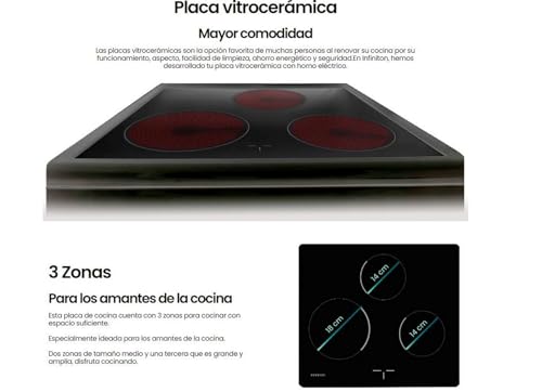 INFINITON Cocina con Horno CC-B550V3, Vitroceramica 3 Zonas, Horno Electrico 43 L, 6 Niveles de Potencia, Grill, Doble Acristalamiento, A, Negro - imagen 7