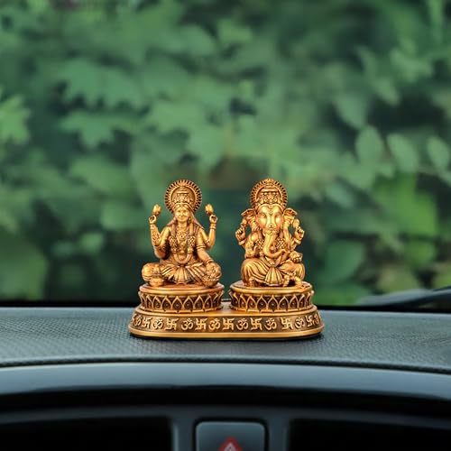Image of Laxmi Ganesh Idol for Car Daseboard Home Temple and Office Spiritual Polyresin Dhan Sidhi Lakshmi Ganesh Murti for Pooja Diwali Gift Symbol of Wealth Wisdom Golden Finish Statue