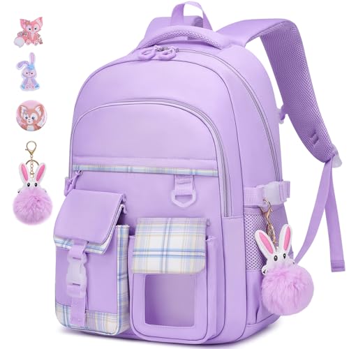 KEBEIXUAN Cartable Fille Primaire, Kawaii Sac à Dos Scolaire pour Enfants 6-11 Ans (CP au CM2) - Sac d'École Léger et Respirant pour Filles, Violet