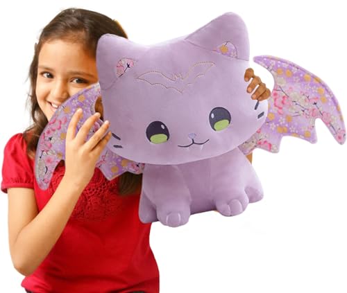 Image of Crazy Bat Cat Plush Soft Pillow, Cute Bat Kitten Stuffed Animal Cushion Furry Purple Bat Kitty Plushies Gifts /11.8''