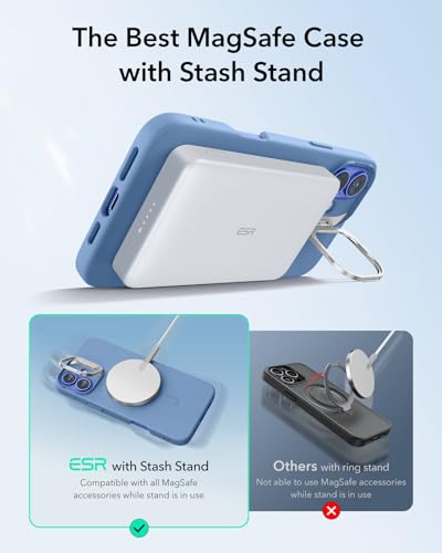 Image of ESR for iPhone 16 Plus Case, Silicone Case with Stand, Compatible with MagSafe, Built-in Camera Stash Stand, Magnetic Phone Case, Cloud Series, Light Blue