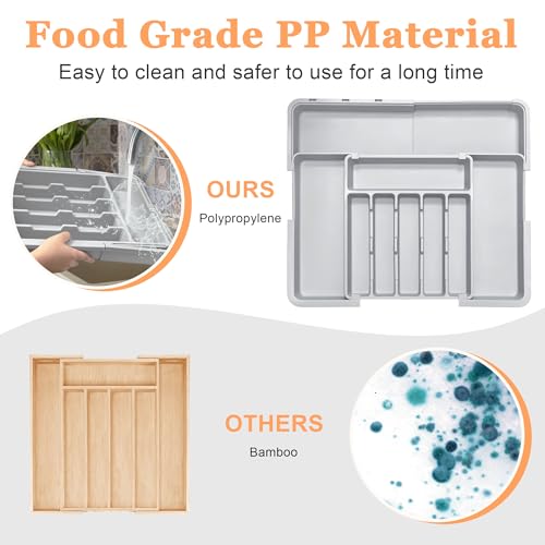 Silverware Organizer Expandable Kitchen Drawer Organizer Adjustable 22"x 19" Utensil Organizer with Rubber Feets Cutlery Drawer Organizer for Spoons Forks Knives Kitchen Organizers and Storage Grey