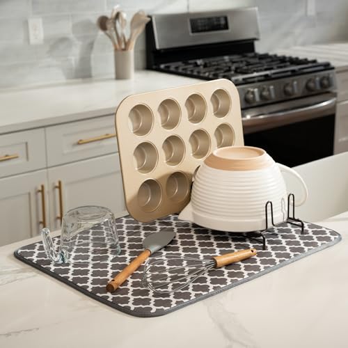 Image of S&T INC. Dish Drying Mat XL, 18 inch x 24 inch, Absorbent Microfiber Kitchen Counter Mat, Dish Drying Pad for Dishes, Utensils, Pots and Pans, Extra Large, Pewter Grey Trellis