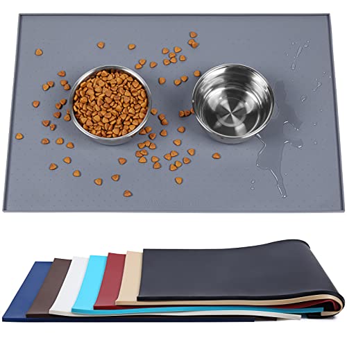 VIVAGLORY Dog Food Mat, Cat Dog Feeding Mat, Waterproof Non-Slip Food Grade Silicone Mat Placemat with Raised Edge, Anti-Messy Pet Bowl Mat for Food and Water, Grey, S(48x30cm)