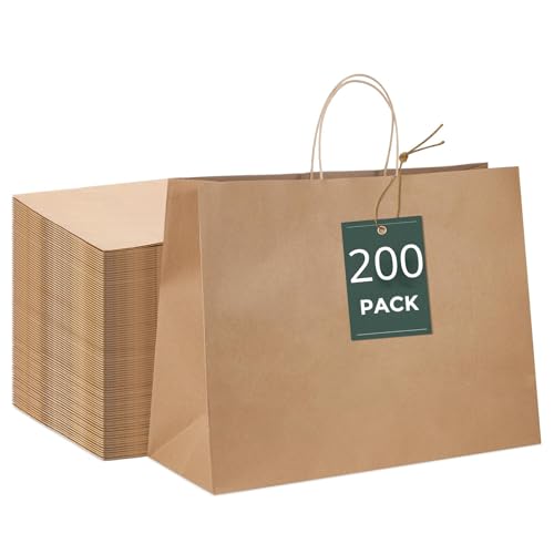 GSSUSA 16x6x12 Large Paper Bags with Handles 200Pcs, Valentine's Day Gift Bag, Bags for Small Business Bulk, Brown Paper Shopping Bag for Boutique, Clothing, Grocery, Food Service Take Out