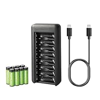 Amazon Basics Confezione da 8 batterie NiMh AA ricaricabili, con caricabatterie da 8 alloggiamenti e porta USB C, senza alimentatore