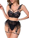 Alrovetoney Sexy Lace Lingerie Set with Garter Belt,Teddy 5 pieces Strappy Lingerie Cute Push Up See Through Black S