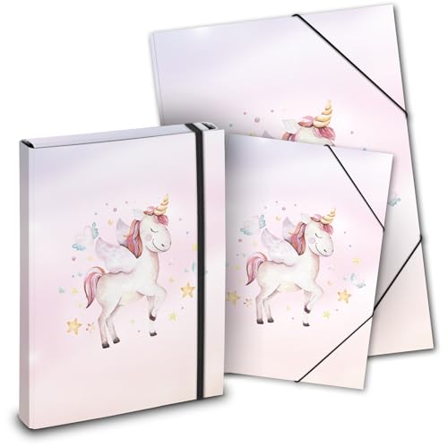 itenga Mappen SET 3teilig: Heftbox + Gummizugmappe A4 + Zeichenmappe A3- für Kinder Jugendliche Schüler (Motiv Einhorn)