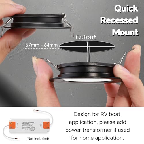 acegoo 6er Set 12V Einbaustrahler Wohnmobil LED Ultra Flach Einbauleuchten Spots Loch 57-64mm 2,5W 215LM Dimmbar Einbauspots Warmweiß für Boot Wohnwagen Möbel Schrank, 3000K Schwarz
