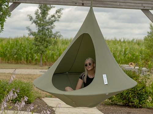 Image of Double Cacoon Hanging Chair for Two - Cozy Indoor /Outdoor Hammock with Polyester Canvas, 440 lb Capacity, Includes 18ft Rope & Carabiner (Khaki)