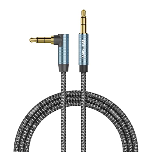 Nanxudyj 90 Degree 3.5mm Stereo Audio Cable 3 FT, Right Angle Aux 3.5mm Male to Male Cable Right Angle AUX Cord Compatible for Headphone,iPhone, iPod, iPad, Tablets, Speakers, 24K Gold Plated 1M