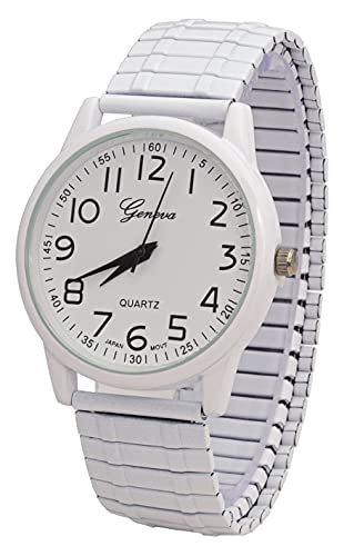 Montre unisexe à grand cadran de 40mm avec bracelet extensible blanc et quartz japonais