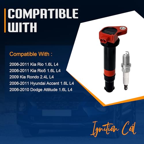 Image of STANDOUT UF499 Ignition Coil Pack & 7090 Iridium Spark Plug Set of 4 | Compatible with 2006-2011 Hyundai Accent 1.6L, 2006-2011 Kia Rio & Rio5 1.6L, 2006-2010 Dodge Attitude 1.6L