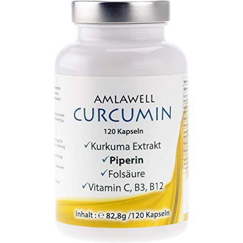 AMLAWELL Curcumin Kapseln – 120 Kapseln Kurkuma mit Piperin, Folsäure, Vitamin B12, Vitamin B3