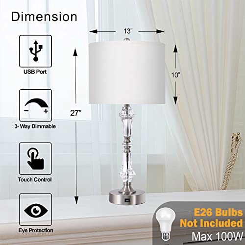 Touch Table Bedroom Lamps Set Of 2, Tall 27" Table Lamps With Usb Port & Modern Gray Shade, Bedside Lamps With Metal Base Design, 3 Way Dimmable Touch Control Nightstand Lamp For Bedroom, Living Room #TOP2
