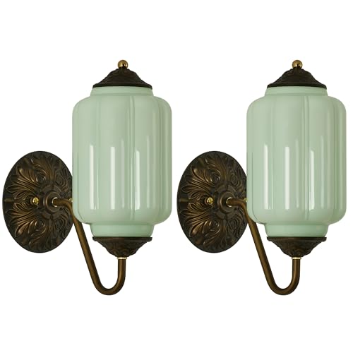 Vintage Milk Glass Wall Sconce - Set of 2 Green Dimmable Wall Mount Lighting with Bulbs - Antique Brass Gold Sconces - Mid Century Vanity Light Fixture for Bathroom Bedroom Living Room Hallway Decor
