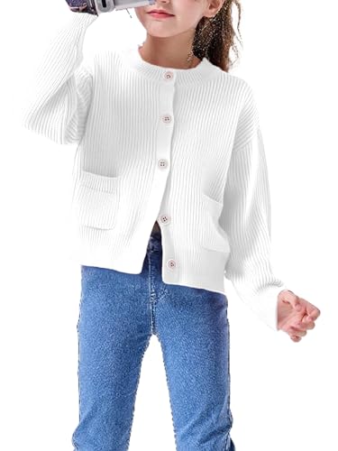Hvididan Girls Cardigan Sweater School Uniforms Toddler Long Sleeve Button Knit Solid Sweaters Tops (US, Age, 5 Years, 6 Years, White)