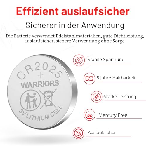 Warriors 10X 2025 Batterie Knopfzellen CR2025 Batterien 3V kindersichere Verpackung, für den Einsatz in Schlüsselanhängern, Waagen, medizinischen Geräten. (10X) 2